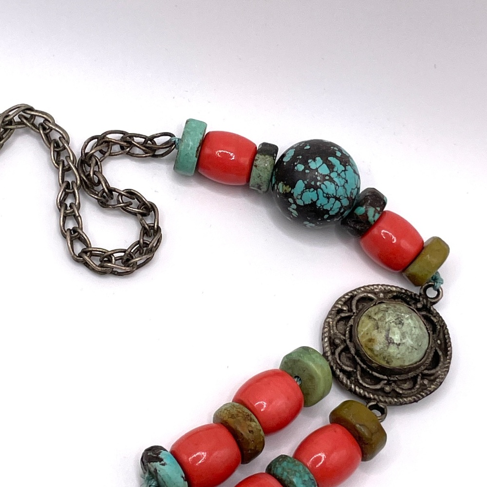 Vintage Tibetan Nepalese Style Turquoise Coral Stone Statement Necklace - Picture 6 of 13